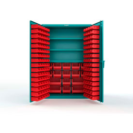 Strong Hold® Extra Heavy Duty Cabinet without Legs 160 Red Bins 48"W x 24"D x 72"H Teal