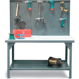 Strong Hold® Shop Table w/ Shelf 72"W x 36"D x 48"H Pegboard & Steel Top Dark Gray 