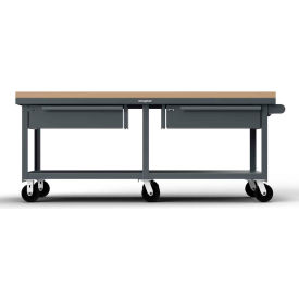 Strong Hold® Mobile Shop Table w/ 2 Drawers Maple Top Shelf 84"W x 36"D x 34"H Dark Gray 