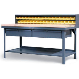 Strong Hold® Shop Table w/ Riser Shelf Maple Top 2 Drawers 84"W x 36"D x 48"H Dark Gray 