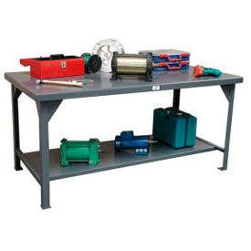 Strong Hold Products T8436 StrongHold Standard Workbench W/ Shelf, Steel Square Edge, 84"W x 36"D, Gray image.