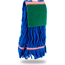 Commercial Large Blended Looped-End Wet Mop Head w/ Scrub Pad Brick, Blue, 12/Pack view 2