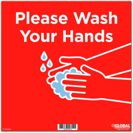 Global Industrial 670496RD Global Industrial™ 12" Square Please Wash Your Hands Wall Sign, Red, Adhesive image.