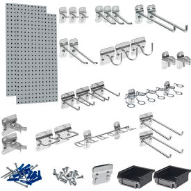 Triton Products LB18-GKit Triton Products 18"W x 36"H Gray Square Hole Pegboards w/LocHooks & Hanging Bin System, 30 pc image.