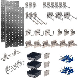Triton Products LB18-SKit Triton Products 18"W x 36"H Stainless Steel Square Hole Pegboards w/ 32 LocHooks & 3 Bins image.