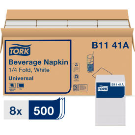 Tork B1141A Tork® Universal Beverage Napkin, 1-Ply, 9-1/8"Wx 9-1/8"D, 1/4 Fold, Poly-Pack, Wht, 4000/Carton image.