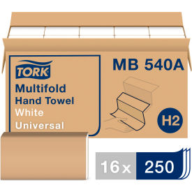 Tork MB540A Tork Universal Multifold Hand Towel, 1-Ply, 9 1/8W x 9 1/2L, White, 250/Pack, 16/Case - MB540A image.