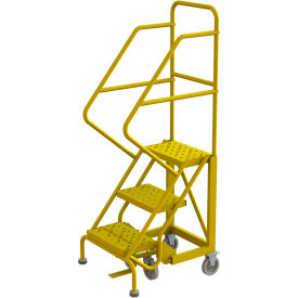 Tri Arc Mfg KDEC103166-Y 3 Step 16"W Steel Safety Angle Rolling Ladder, Perforated Tread, Safety Yellow - KDEC103166-Y image.