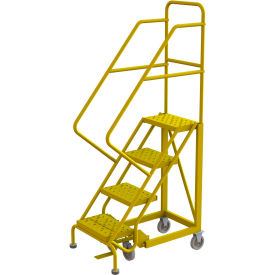 Tri Arc Mfg KDEC104166-Y 4 Step 16"W Steel Safety Angle Rolling Ladder, Perforated Tread, Safety Yellow - KDEC104166-Y image.