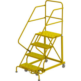 Tri Arc Mfg KDEC104246-Y 4 Step 24"W Steel Safety Angle Rolling Ladder, Perforated Tread, Safety Yellow - KDEC104246-Y image.