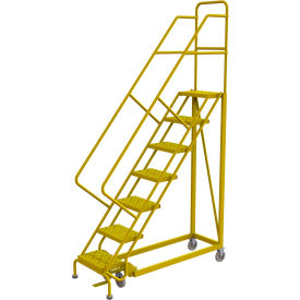 Tri Arc Mfg KDEC107166-Y 7 Step 16"W Steel Safety Angle Rolling Ladder, Perforated Tread, Safety Yellow - KDEC107166-Y image.