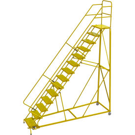 Tri Arc Mfg KDEC114246-Y 14 Step 24"W Steel Safety Angle Rolling Ladder, Perforated Tread, Safety Yellow - KDEC114246-Y image.