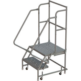 2 Step 16""W 30""D Top Step Steel Rolling Ladder Perforated Tread 42"" Handrail - KDSR102166-D3