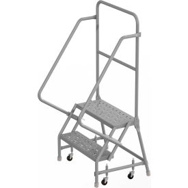 2 Step 24""W 10""D Top Step Steel Rolling Ladder Perforated Tread 36"" Handrail - KDSR102246