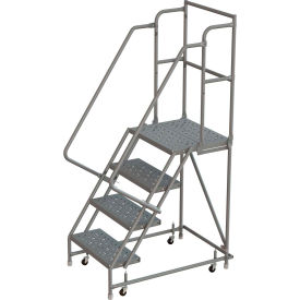 4 Step 16""W 30""D Top Step Steel Rolling Ladder Perforated Tread 42"" Handrail - KDSR104166-D3