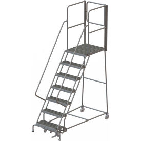 7 Step Steel Rolling Ladder W/Rear Exit Walk Off Gate 24""W X 30""D Plat. Serrated - KDSR107242-XR