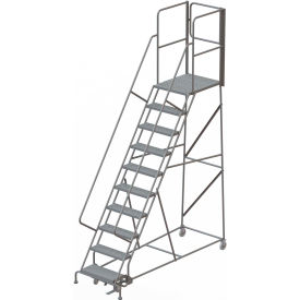 Tri Arc Mfg KDSR110246-XR 10 Step Steel Rolling Ladder W/Rear Exit Walk Off Gate, 24"W X 30"D Plat. Perforated - KDSR110246-XR image.