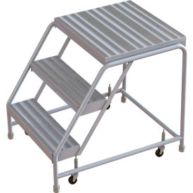 3 Step Aluminum Rolling Ladder 24""W Ribbed Tread 21""D Top Step W/O Handrails - WLAR003244-D4