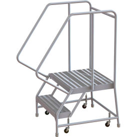 2 Step Aluminum Rolling Ladder 16""W Ribbed Tread 21""D Top Step 32"" Handrails - WLAR102164-D4