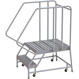 2 Step Aluminum Rolling Ladder 16""W Ribbed Tread 28""D Top Step 32"" Handrails - WLAR102164-D5