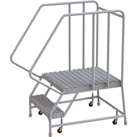 2 Step Aluminum Rolling Ladder 16""W Grip Tread 28""D Top Step 32"" Handrails - WLAR102165-D5