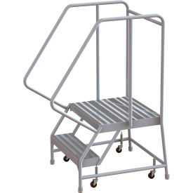 2 Step Aluminum Rolling Ladder 24""W Ribbed Tread 21""D Top Step 32"" Handrails - WLAR102244-D4