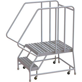 2 Step Aluminum Rolling Ladder 24""W Ribbed Tread 28""D Top Step 32"" Handrails - WLAR102244-D5