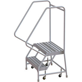 2 Step Aluminum Rolling Ladder 24""W Ribbed Tread 14""D Top Step 32"" Handrails - WLAR102244