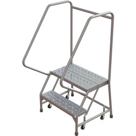 Tri Arc Mfg WLAR102246 Tri-Arc Rolling Ladder, 2 Step, Aluminum, Perforated, 14" Deep Top Step, With Handrails, 24"W Step image.