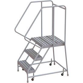 3 Step Aluminum Rolling Ladder 16""W Ribbed Tread 21""D Top Step 32"" Handrails - WLAR103164-D4