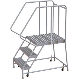 3 Step Aluminum Rolling Ladder 16""W Ribbed Tread 28""D Top Step 32"" Handrails - WLAR103164-D5