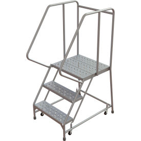Tri Arc Mfg WLAR103246-D4 Tri-Arc Rolling Ladder, 3 Step, Aluminum, Perforated, 21" Deep Top Step, With Handrails, 24"W Step image.