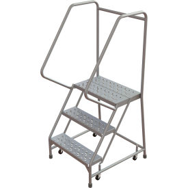 Tri Arc Mfg WLAR103246 Tri-Arc Rolling Ladder, 3 Step, Aluminum, Perforated, 14" Deep Top Step, With Handrails, 24"W Step image.