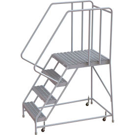 4 Step Aluminum Rolling Ladder 16""W Grip Tread 28""D Top Step 32"" Handrails - WLAR104165-D5