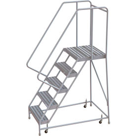 5 Step Aluminum Rolling Ladder 16""W Ribbed Tread 21""D Top Step 32"" Handrails - WLAR105164-D4