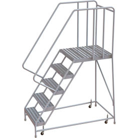 5 Step Aluminum Rolling Ladder 16""W Ribbed Tread 28""D Top Step 32"" Handrails - WLAR105164-D5