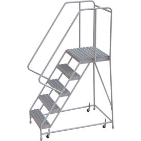 5 Step Aluminum Rolling Ladder 16""W Grip Tread 21""D Top Step 32"" Handrails - WLAR105165-D4