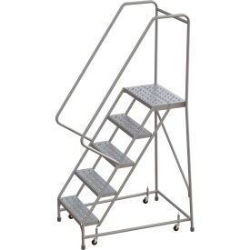 Tri Arc Mfg WLAR105246 Tri-Arc Rolling Ladder, 5 Step, Aluminum, Perforated, 14" Deep Top Step, With Handrails, 24"W Step image.