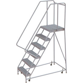 6 Step Aluminum Rolling Ladder 16""W Grip Tread 21""D Top Step 32"" Handrails - WLAR106165-D4