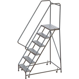 Tri Arc Mfg WLAR106246 Tri-Arc Rolling Ladder, 6 Step, Aluminum, Perforated, 14" Deep Top Step, With Handrails, 24"W Step image.