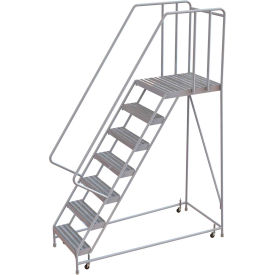 7 Step Aluminum Rolling Ladder 16""W Ribbed Tread 28""D Top Step 32"" Handrails - WLAR107164-D5