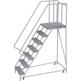 7 Step Aluminum Rolling Ladder 16""W Grip Tread 28""D Top Step 32"" Handrails - WLAR107165-D5