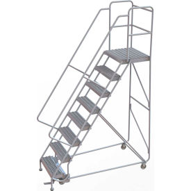 8 Step Aluminum Rolling Ladder 24""W Grip Tread 21""D Top Step 32"" Handrails - WLAR108245-D4