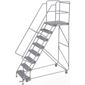 8 Step Aluminum Rolling Ladder 24""W Grip Tread 28""D Top Step 32"" Handrails - WLAR108245-D5