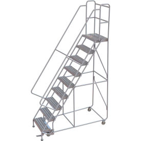 9 Step Aluminum Rolling Ladder 24""W Ribbed Tread 14""D Top Step 32"" Handrails - WLAR109244