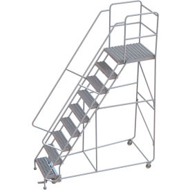 9 Step Aluminum Rolling Ladder 24""W Grip Tread 28""D Top Step 32"" Handrails - WLAR109245-D5