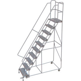 10 Step Aluminum Rolling Ladder 24""W Ribbed Tread 14""D Top Step 32"" Handrails - WLAR110244