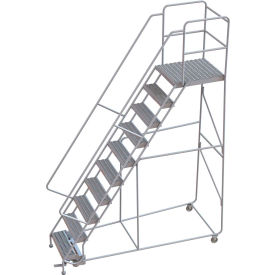 10 Step Aluminum Rolling Ladder 24""W Grip Tread 28""D Top Step 32"" Handrails - WLAR110245-D5