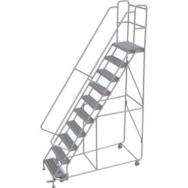 10 Step Aluminum Rolling Ladder 24""W Grip Strut 14""D Top Step 32"" Handrails - WLAR110245