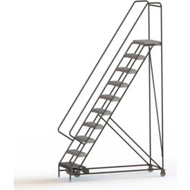 10 Step Aluminum Rolling Ladder 24""W Grip Strut Tread 14""D Top Step 42"" Handrails - WLAR110245C